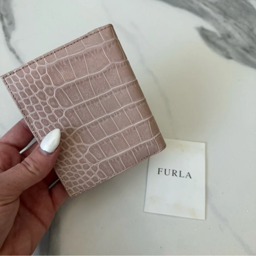 FURLA Baby Pink Croc-Embossed Leather Wallet – Genuine Leather, Button Closure